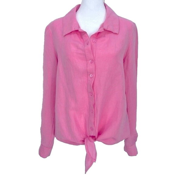 Boston Proper Pink Linen Button Up Blouse Women’s XS Tie Front Party Shower Long - Picture 1 of 12